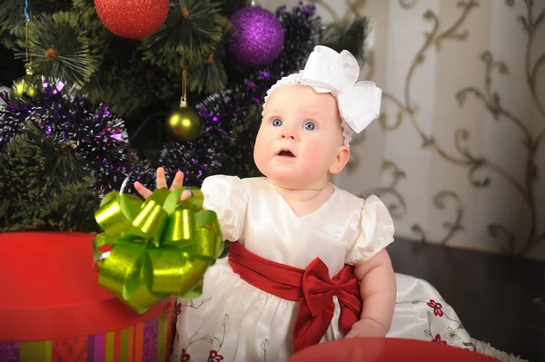 Adorable Bébé Fille Mois Arbre Noël — Photo