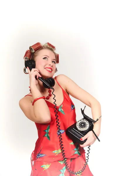 Girl Pin Pose Fashion Talking Phone — Stock Photo, Image