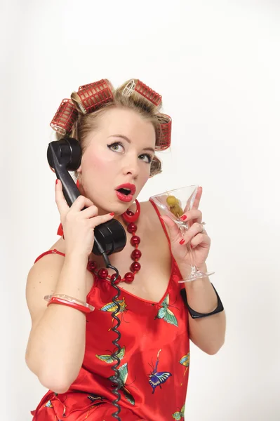 Fille Dans Pin Pose Mode Parler Téléphone — Photo