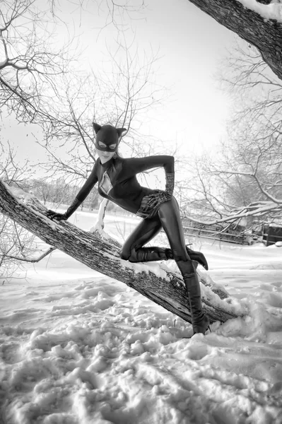 Mooie Jonge Vrouw Dragen Catsuit Masker — Stockfoto