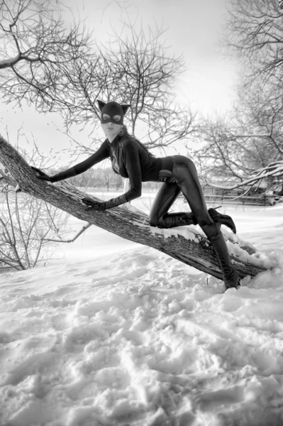 Gyönyörű Fiatal Fárasztó Catsuit Maszk — Stock Fotó