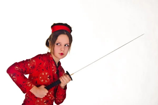 A lány egy hosszú szamuráj kard kezelése — Stock Fotó