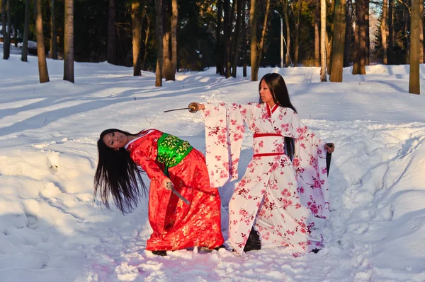 Belle ragazze bruna in un kimono giapponese — Foto Stock