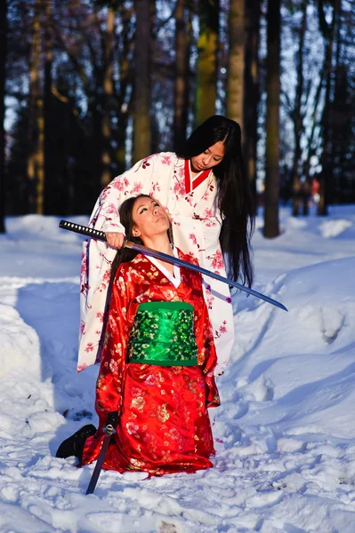 Meninas morenas bonitas em um quimono japonês — Fotografia de Stock
