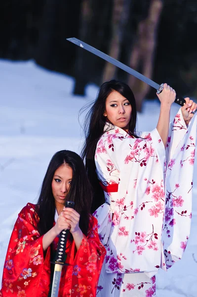 Mooie brunette meisjes in een Japanse kimono — Stockfoto