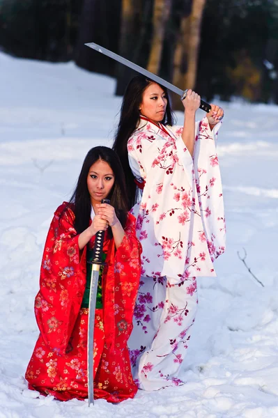 Hermosas chicas morenas en un kimono japonés — Foto de Stock