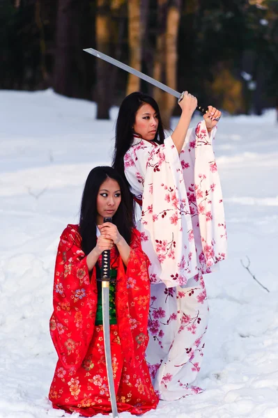 Krásná bruneta dívky v japonské kimono — Stock fotografie
