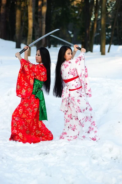 Vacker brunett flickor i en japansk kimono — Stockfoto