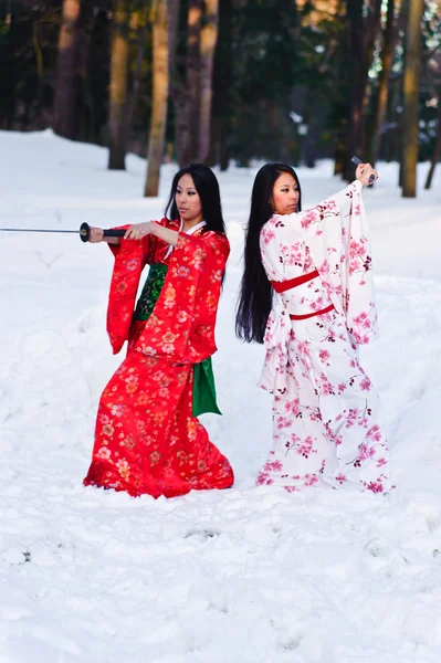 Красивые брюнетки в японском кимоно — стоковое фото