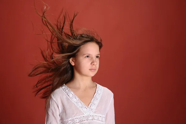 Dynamiczny portret piękna dziewczyna brunetka — Zdjęcie stockowe