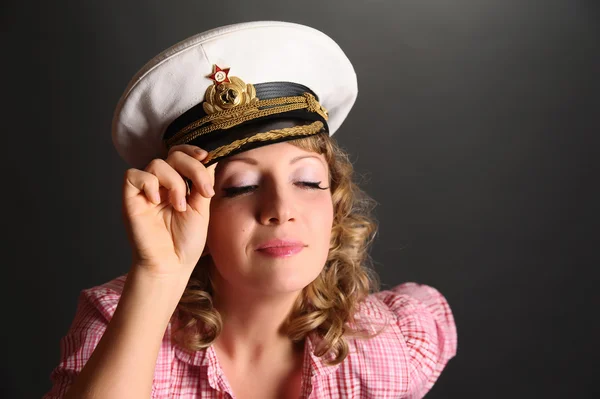 Closeup portrait of woman in sailor cap — Stock Photo, Image