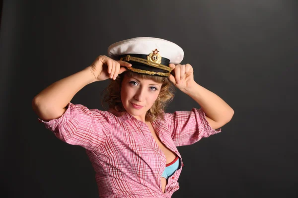 Closeup portrait of woman in sailor cap — Stock Photo, Image