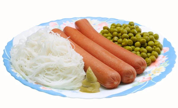 stock image Dish with sausage, noodles and green peas