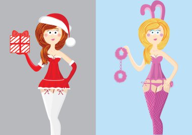 Seksi kadın karikatür kümesi. Noel Baba ve playboy vektör