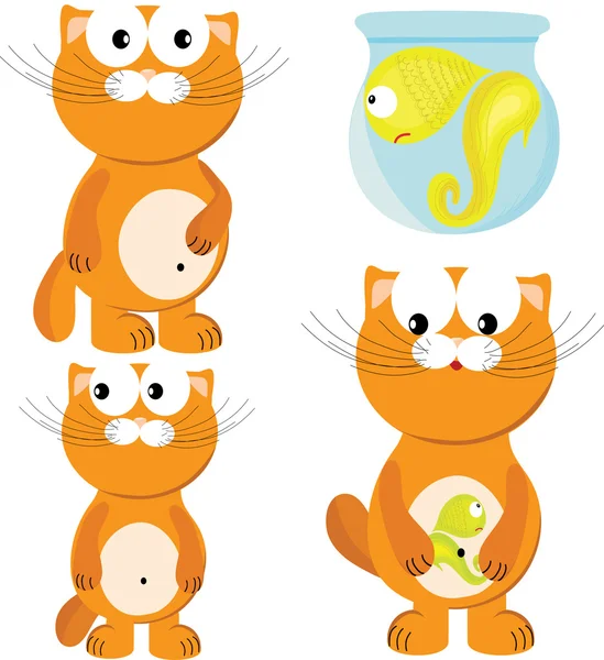 Cartoon set of cat & fish — Stock Vector