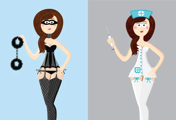 Cartoon-Set von sexy Frauen. Frau in Blak & Krankenschwester — Stockvektor