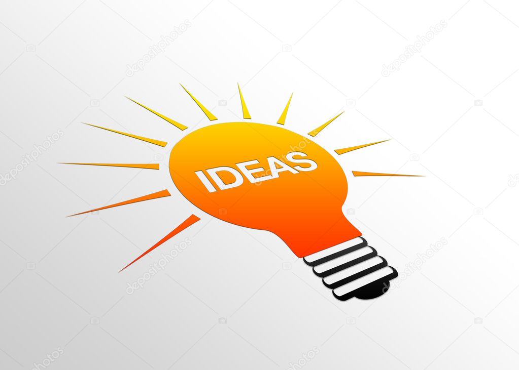 High resolution perspective graphic of a glowing light bulb with the word Ideas