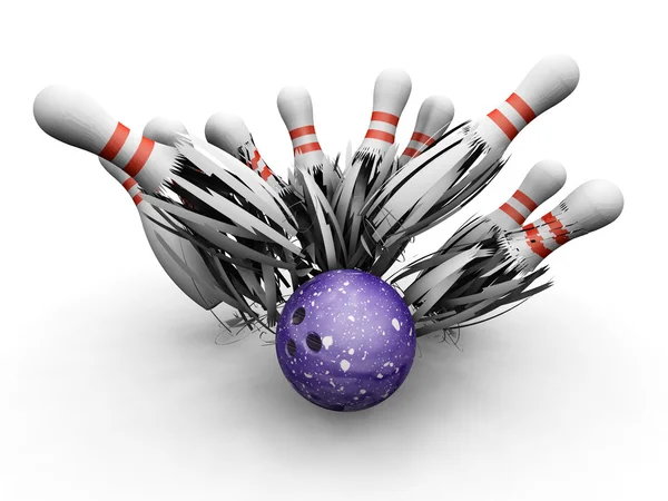Bowling ball smashing into pins — Stock Photo, Image