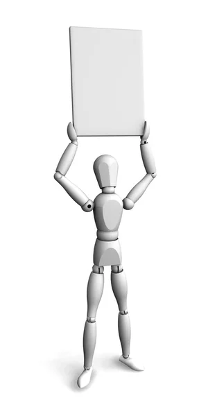 3D-Darstellung eines hölzernen Mannes mit einem Schild — Stockfoto