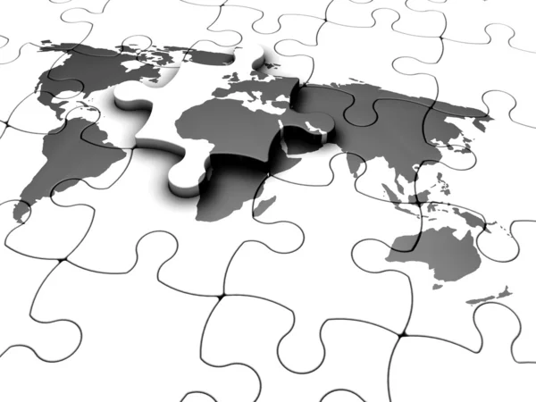 3D render van een puzzel met een wereldkaart met laatste stuk net toegevoegd — Stockfoto