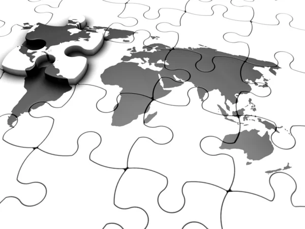 Representación en 3D de un rompecabezas con un mapa del mundo con la pieza final acaba de añadir — Foto de Stock