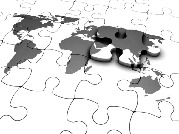 3D-Rendering eines Puzzles mit einer Weltkarte mit gerade hinzugefügtem Endstück — Stockfoto
