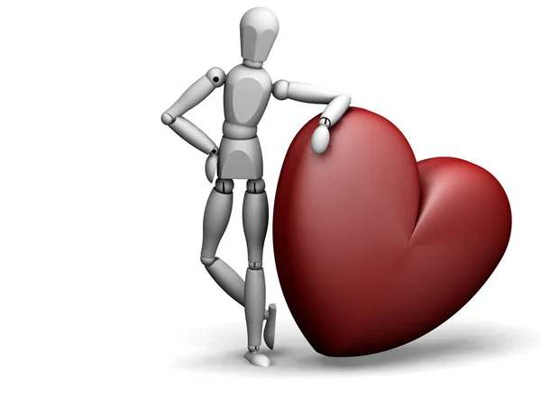 3D render of a wooden man leaning on a heart — Stock Photo, Image