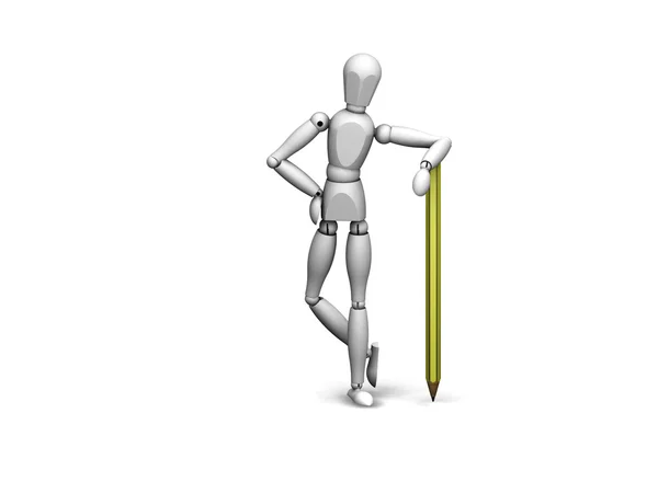 3D render of a wooden man leaning on a pencil — Stock Photo, Image