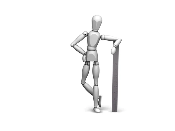 3D render of a wooden man leaning on a ruler — Stock Photo, Image