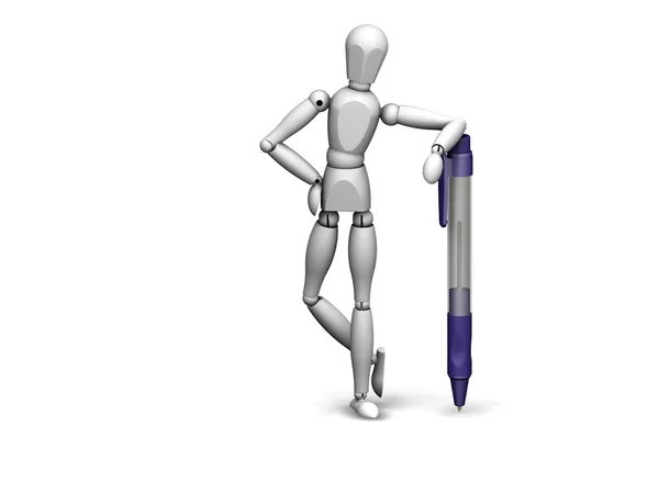 3D render of wooden man leaning on a pen — Stock Photo, Image