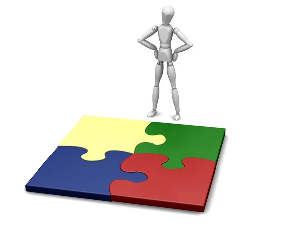 3D render of a wooden man with a completed puzzle — Stock Photo, Image