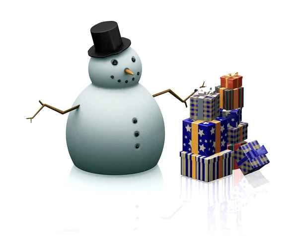 Bonhomme de neige avec des cadeaux — Photo