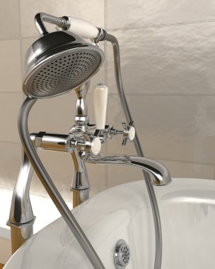 Classic roll top bath and taps with shower attatchment in contem clipart