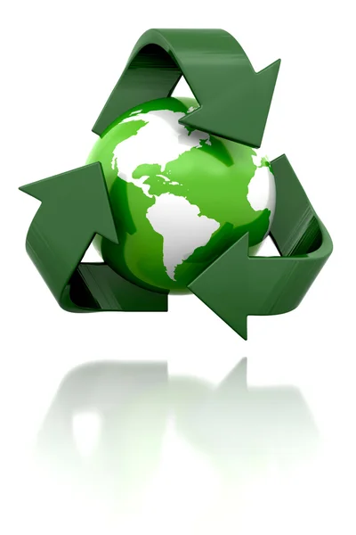 Zeměkoule s recyklace ikony — Stock fotografie