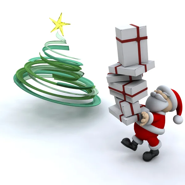 Santa uvedení hromádku dárků pod stromeček — Stock fotografie