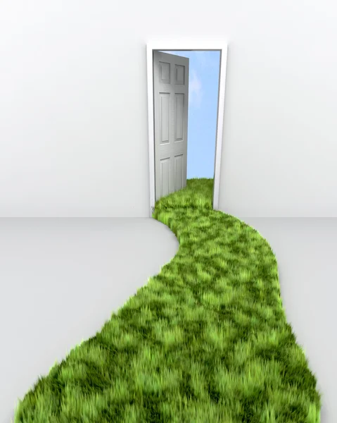 3d renderização de grama caminho que leva à porta para as nuvens — Fotografia de Stock