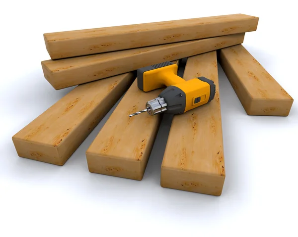 Broca elétrica e madeira — Fotografia de Stock