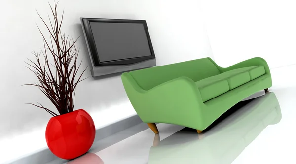 沙发和电视的 3d 呈现器 — 图库照片