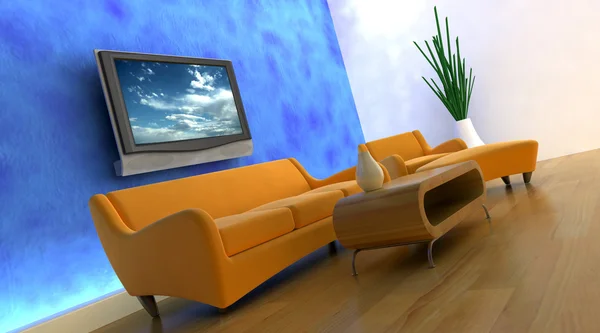 3D рендеринг дивана и телевизора — стоковое фото