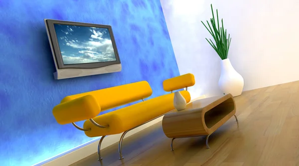 3D καθιστούν του καναπέ και τηλεόραση — Φωτογραφία Αρχείου
