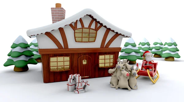圣诞老人和冬天的小屋 — 图库照片