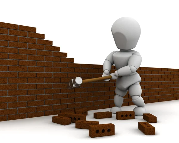 Mann demoliert Mauer mit Vorschlaghammer — Stockfoto