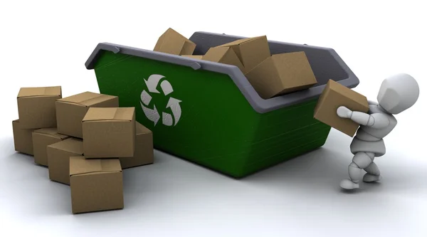 Man recycling card boxes in skip — Stock Photo, Image