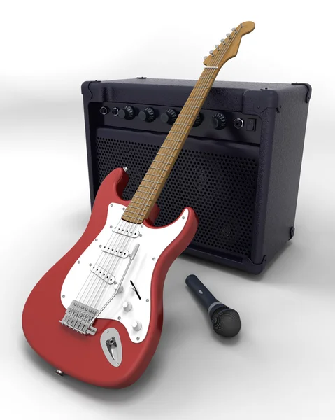 Elektrická kytara, reproduktor a mikrofon — Stock fotografie