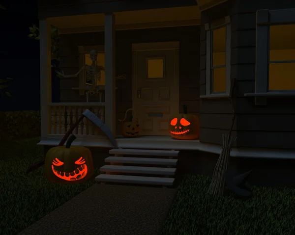 Calabazas de Halloween jack-o-linterna en el paso de la puerta — Foto de Stock