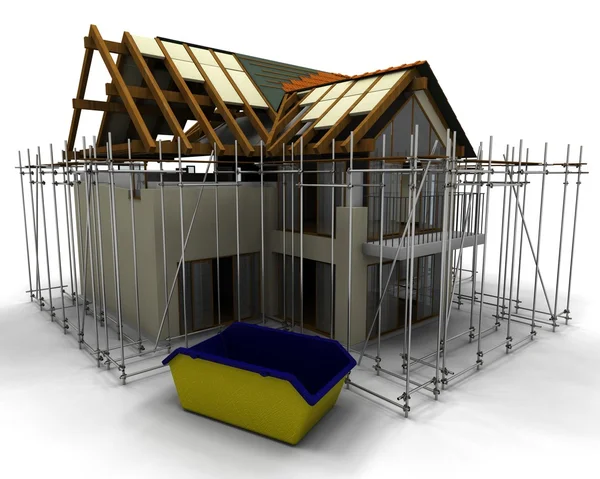 Contemporary house under construction with scaffold — Stock Photo, Image