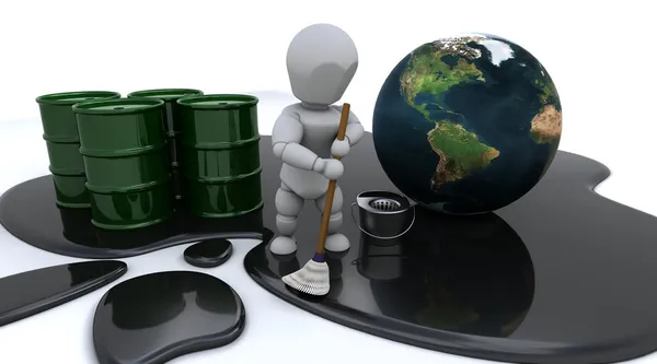 Человек очищает разлив нефти — стоковое фото