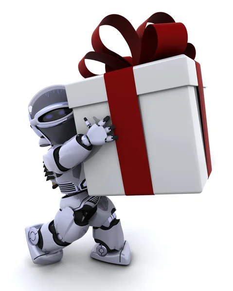 ボウ付きクリスマス ギフト ボックスを運ぶロボット — ストック写真