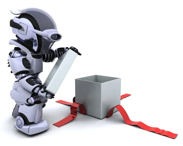 Roboter öffnet Geschenkbox mit Schleife — Stockfoto