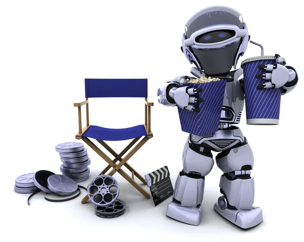 Roboter mit Popcorn und Limo mit Direktorenstuhl — Stockfoto